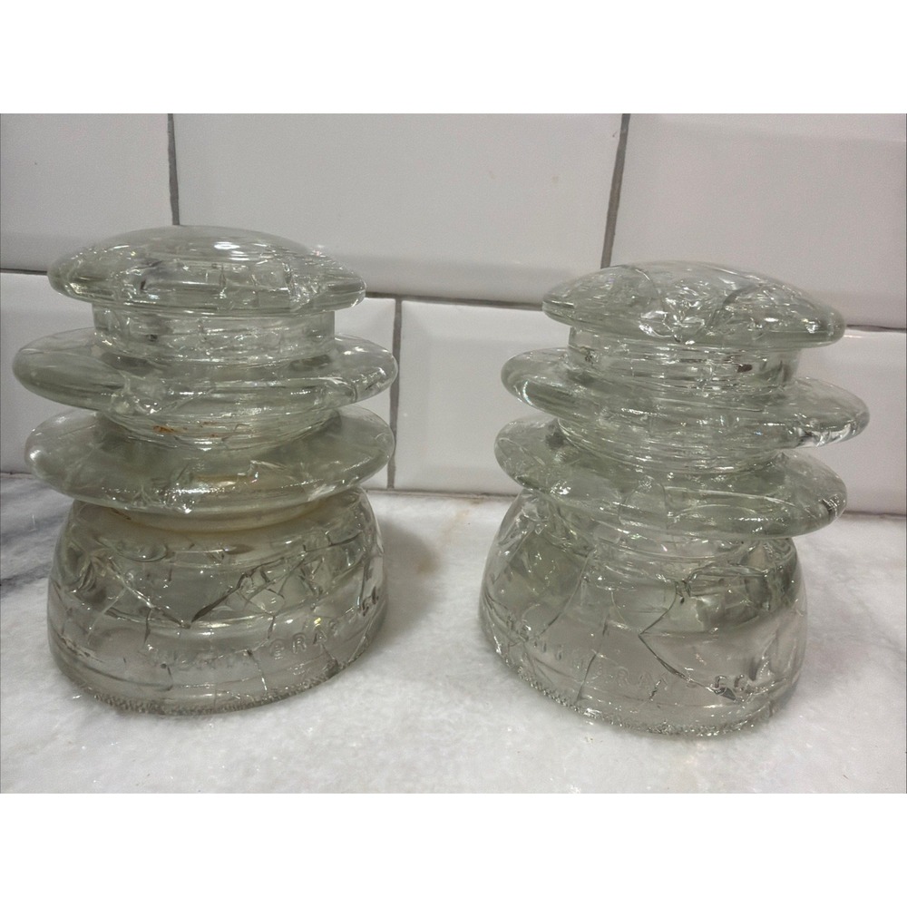 2 Vintage Large Clear Glass Insulators Hemingray 56 Intensive Iridescent Crackle